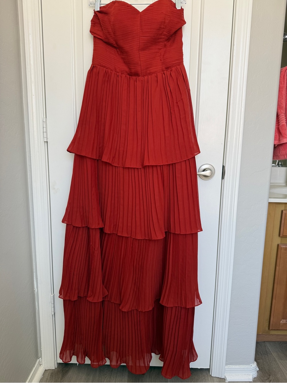 Amazon Red Tiered Strapless Pleated Maxi Dress